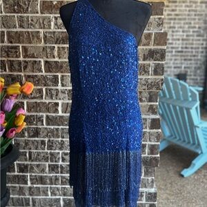 Mac Duggal One-Shoulder Blue Sequin Dress
